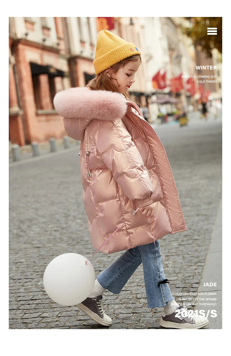 2024 Girl Winter Down Jacket Faux Fur Waterproof Hooded Long Girl Winter Outerwear Coat 5-16 Years Teenage Girl Parka Snowwear