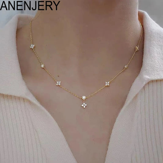 ANENJERY Inlaid Zircon Four-leaf Flower Chain Necklace for Women New Niche Light Luxury Hot Fashion Collares Choker Accessories