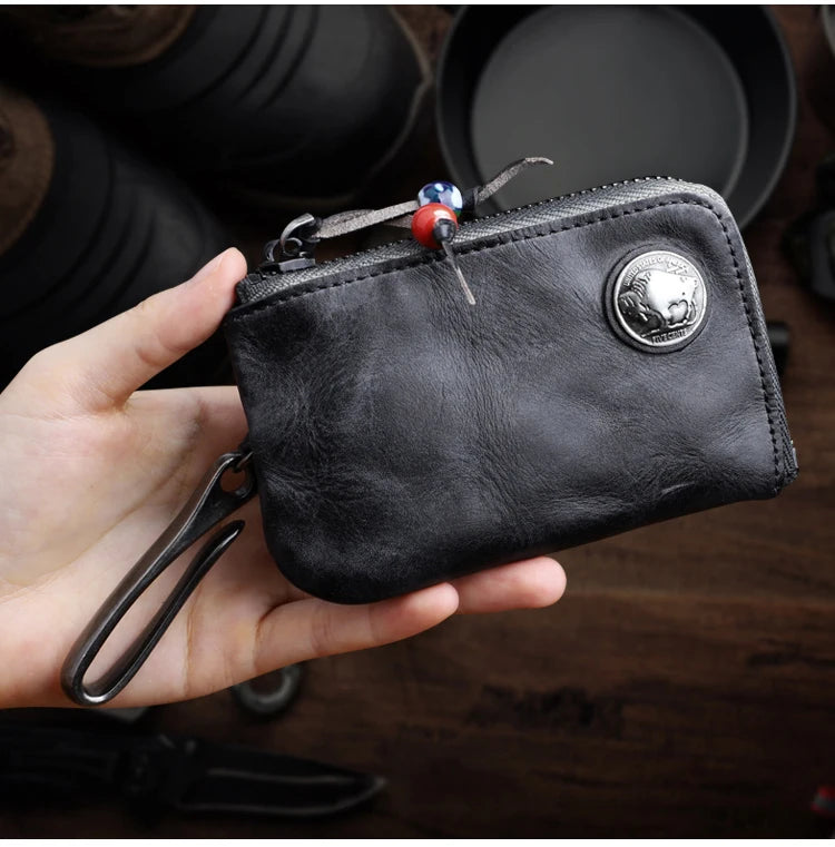 Vintage Cow Leather Coin Purse for Men Handmade Genuine Leather Change Pouch Key Holder Card Slot Storage Bag with Zipper