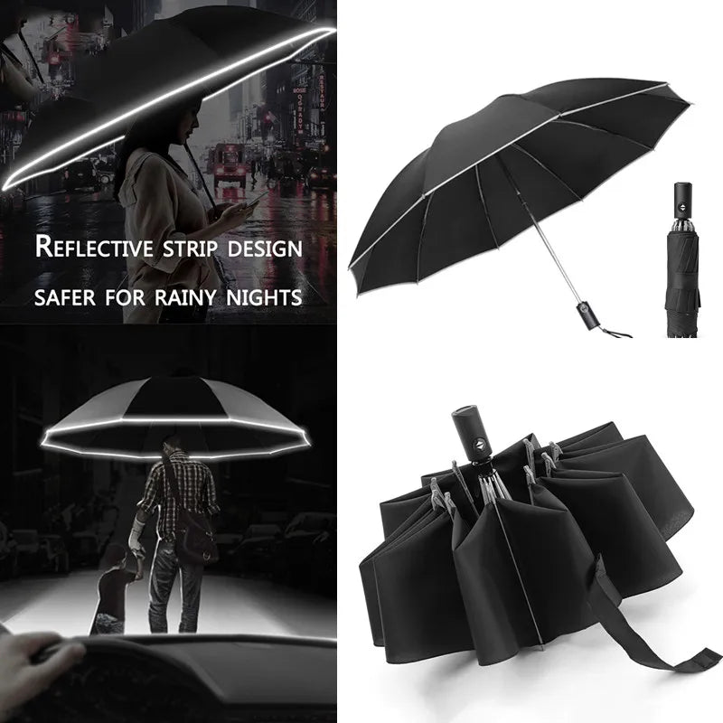 Automatic Umbrella 140cm Super Big Female Male Luxury Business Windproof Umbrellas Rain Reflective Stripe Parasol