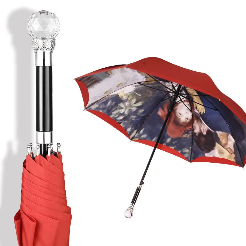 Luxury Korean Long Handle Umbrella Crystal Sunshine Sun Rain Red Strong Windproof Umbrella Womens Girl Parapluie Gift Box SY182