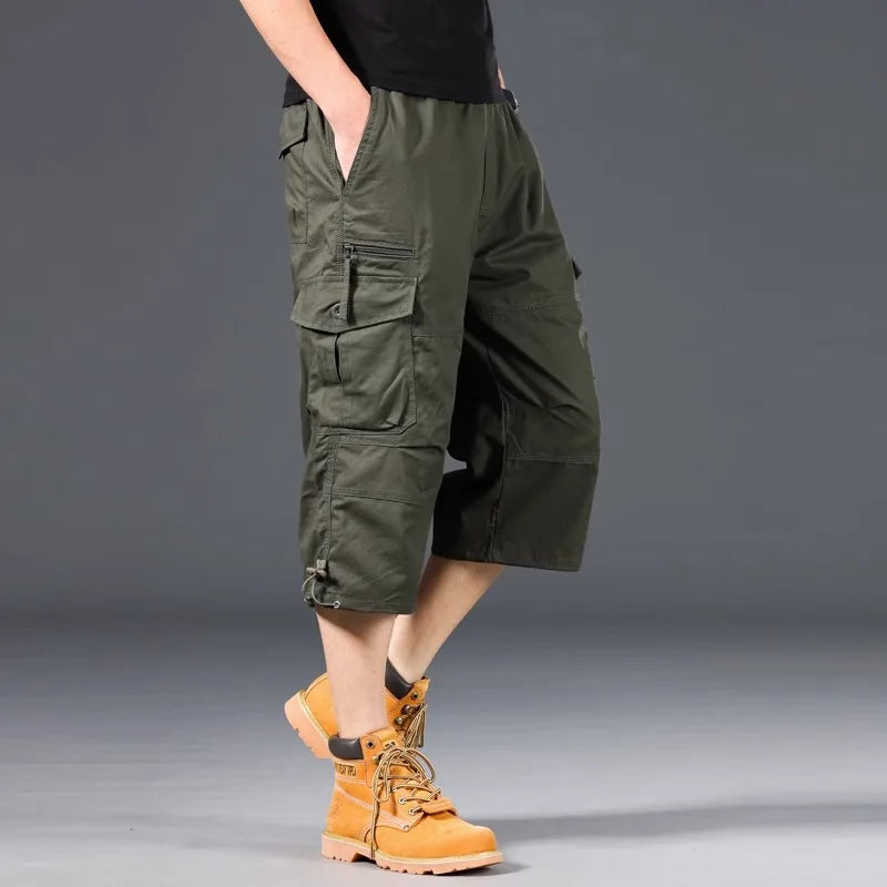 Summer Men's Cargo Shorts Loose Casual Below Knee Pants Elastic Waist Plus Size Outdoor Jogging Tactical Capri Pants