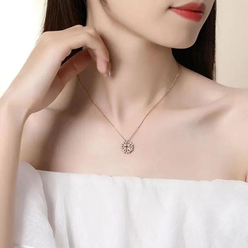 New Fashion Double Wear Magnet Four Heart Flower Pendant Necklace For Women Sweet Sexy Female Stainless Steel Neck Chain Jewelry