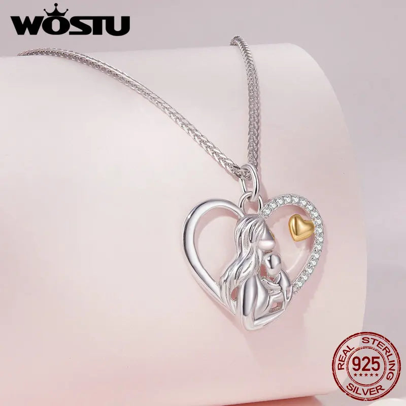 WOSTU 925 Sterling Silver Love Footprint Necklace Mother-child Heart-shape Pendant Chain for Women Fine Jewelry Mother Wife Gift