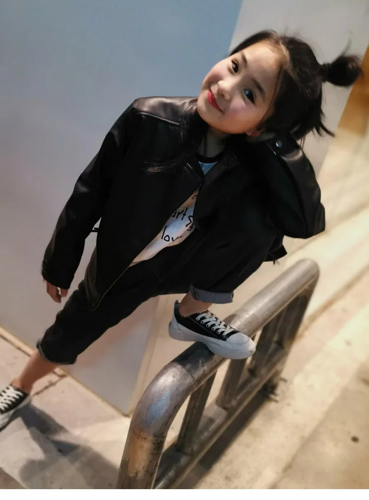 2024 Autumn Children Girl PU Leather Motorcycle Jacket 1-10 Years Kid Little Girl Outerwear Coat Infant Baby Girl Catwalk Outfit