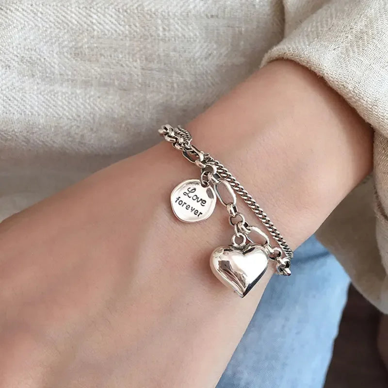 Elegant 925 Sterling Silver Love Letter Heart Double Layer Bracelet Female Unique Design Thai Silver Retro Light Luxury Jewelry