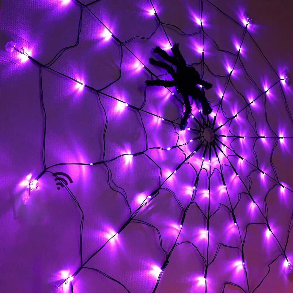 Halloween Decor 70LED 1.2m Spider Web Lights Waterproof Spider Net Lights Halloween Purple String Light Outdoor Home Party Decor