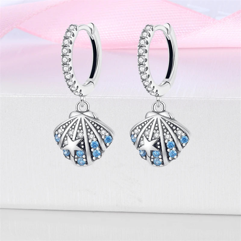 Bulbusbow Luminous Shell Women Earrings Original 925 Sterling Silver Pave CZ Star Moon Hoop Earrings Engagement Wedding Jewelry