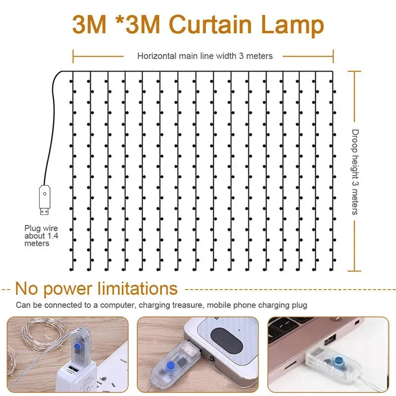 3M LED 窗帘花环仙女灯串圣诞节节日派对婚礼装饰 USB 遥控 8 种模式瀑布灯