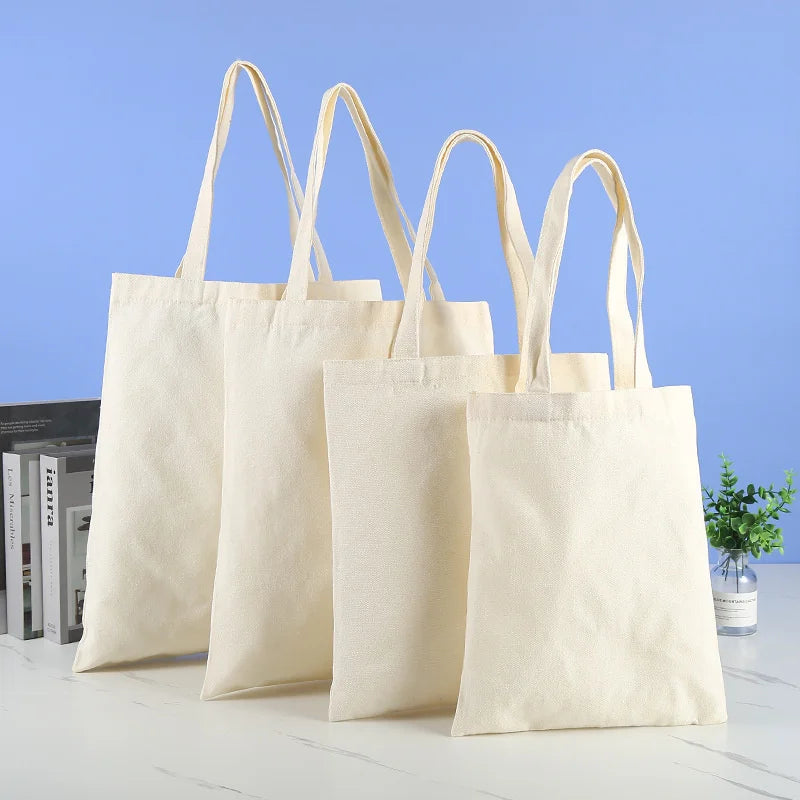 Large Capacity Canvas Shoulder Handbag Folding Eco-Friendly Cotton Tote Bags Reusable DIY Shoulder Bag Grocery Bag Beige White