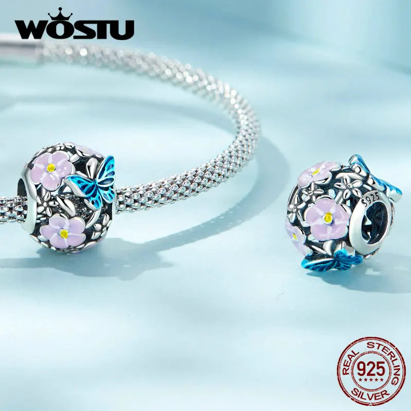 WOSTU 925 Sterling Silver Vintage Butterfly Charms Garden Pendant Blue Flower Bead Fit Original Bracelet DIY Jewelry Making