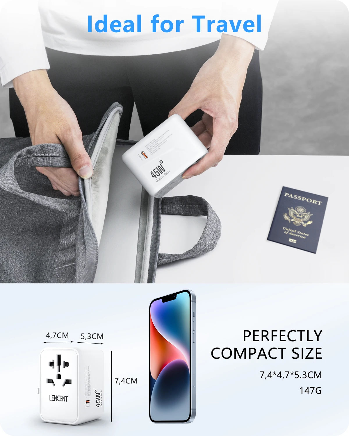 适用于 Apple 和 Samsung 的 65W 通用旅行适配器，带 2 个 USB 端口 3 个 C 型快速充电电源适配器，欧盟/英国/美国/澳大利亚插头，适合旅行