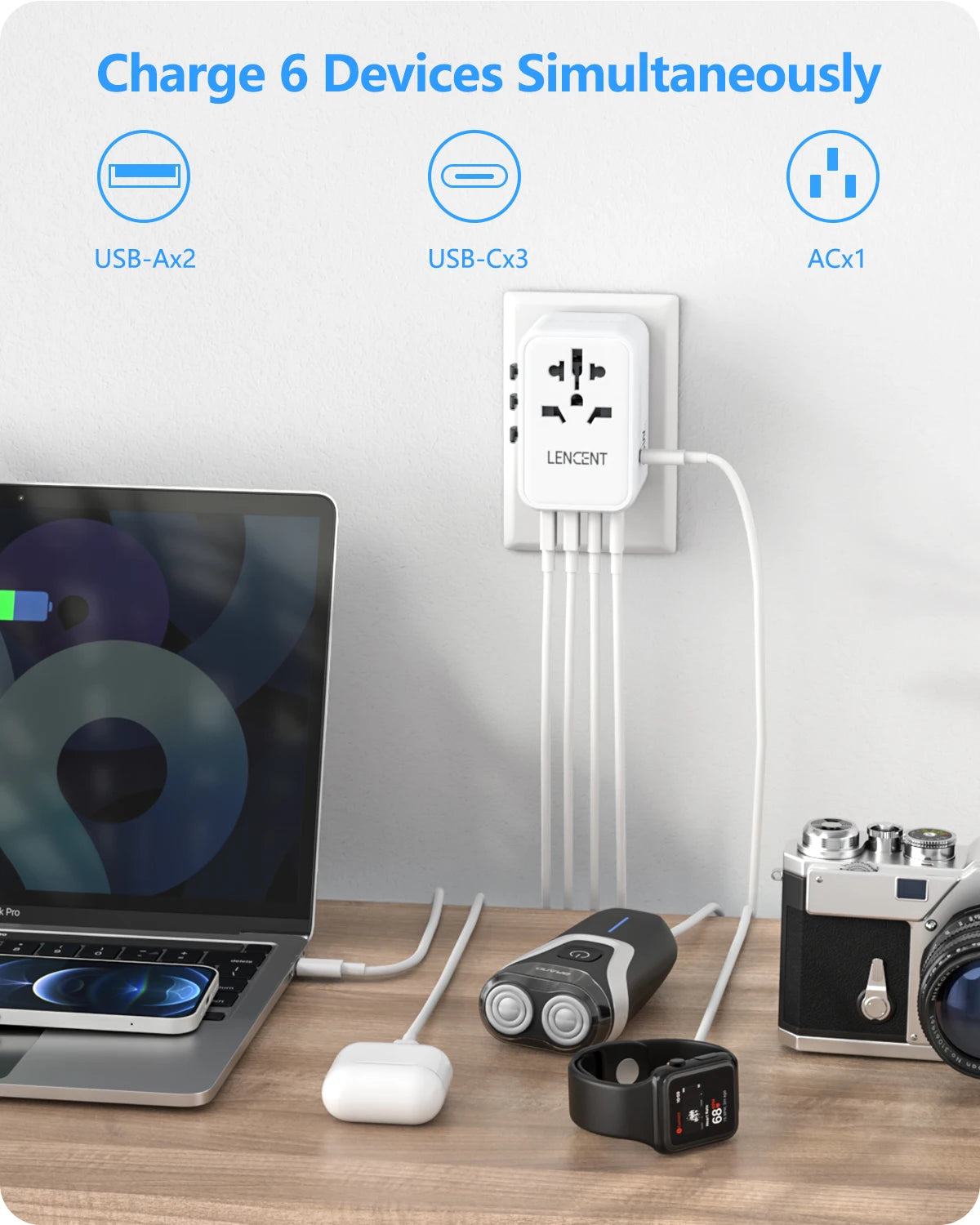 Bulbusbow 65W Universal Travel Adapter with 2 USB Ports and 3 Type-C Fast Charging Ports