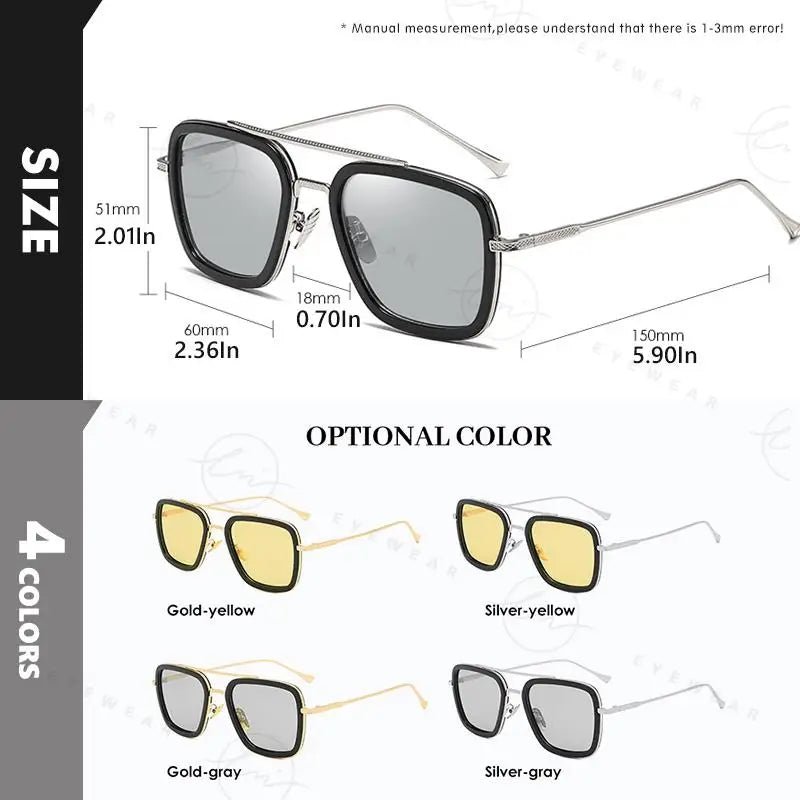 Brand High Quality Tony Stark Square Sunglasses Photochromic Polarized Men Glasses Steampunk Women Driving Night Vision Goggles