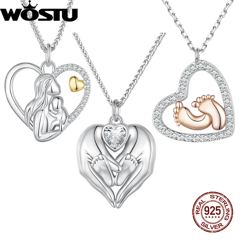 WOSTU 925 Sterling Silver Love Footprint Necklace Mother-child Heart-shape Pendant Chain for Women Fine Jewelry Mother Wife Gift