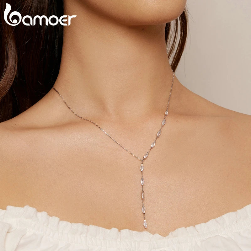 Bamoer 925 Sterling Silver Y-Shaped Pendant Necklace Shiny Waterdrop Long Chain Necklace for Women Engagement Wedding Gift