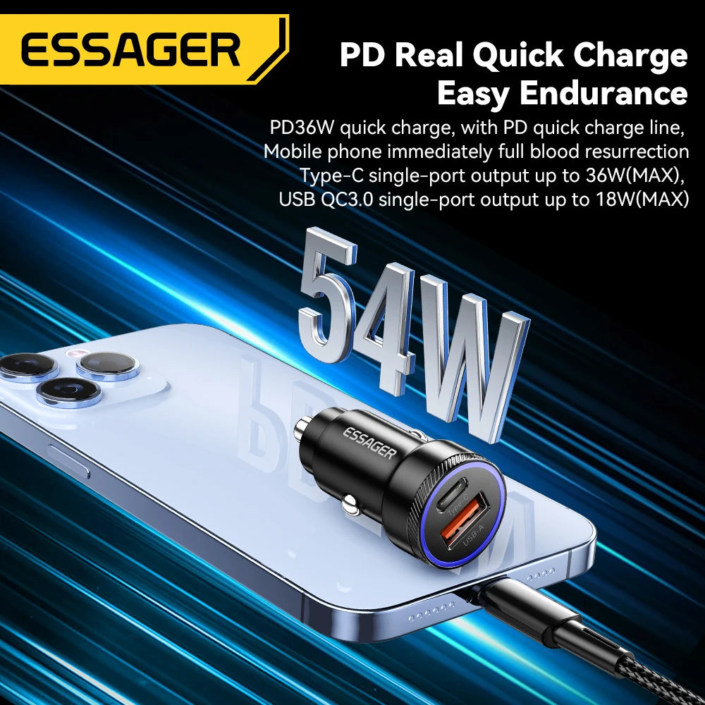 شاحن سيارة Essager 54 وات 5 أمبير شحن سريع من النوع C شحن سريع 3.0 QC PD 3.0 SCP USB شاحن سيارة لهاتف Xiaomi وSamsung وIphone