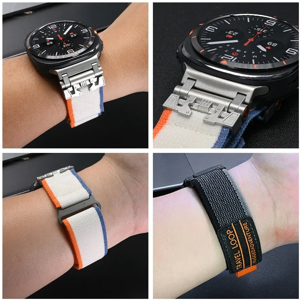 Mecha Style Travel Loop Strap for Samsung Galaxy Watch Ultra 47mm Nylon+stainless Steel Bracelet for Galaxy Ultra No Gaps Band