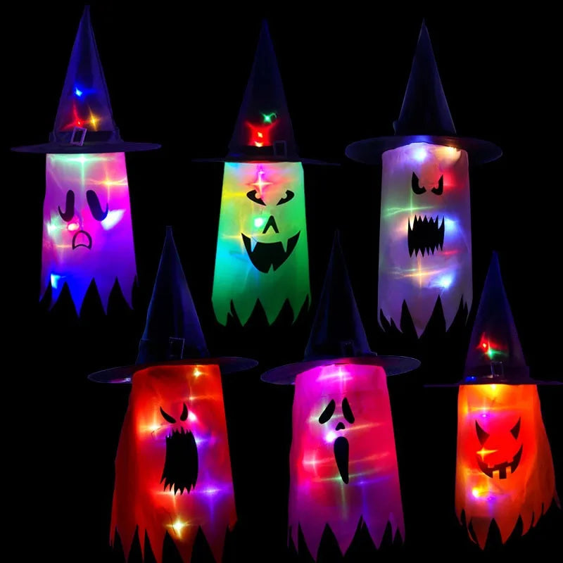 LED Halloween Decoration Flashing Light Gypsophila Ghost Festival Dress Up Glowing Wizard Ghost Hat Lamp Decor Hanging Lantern