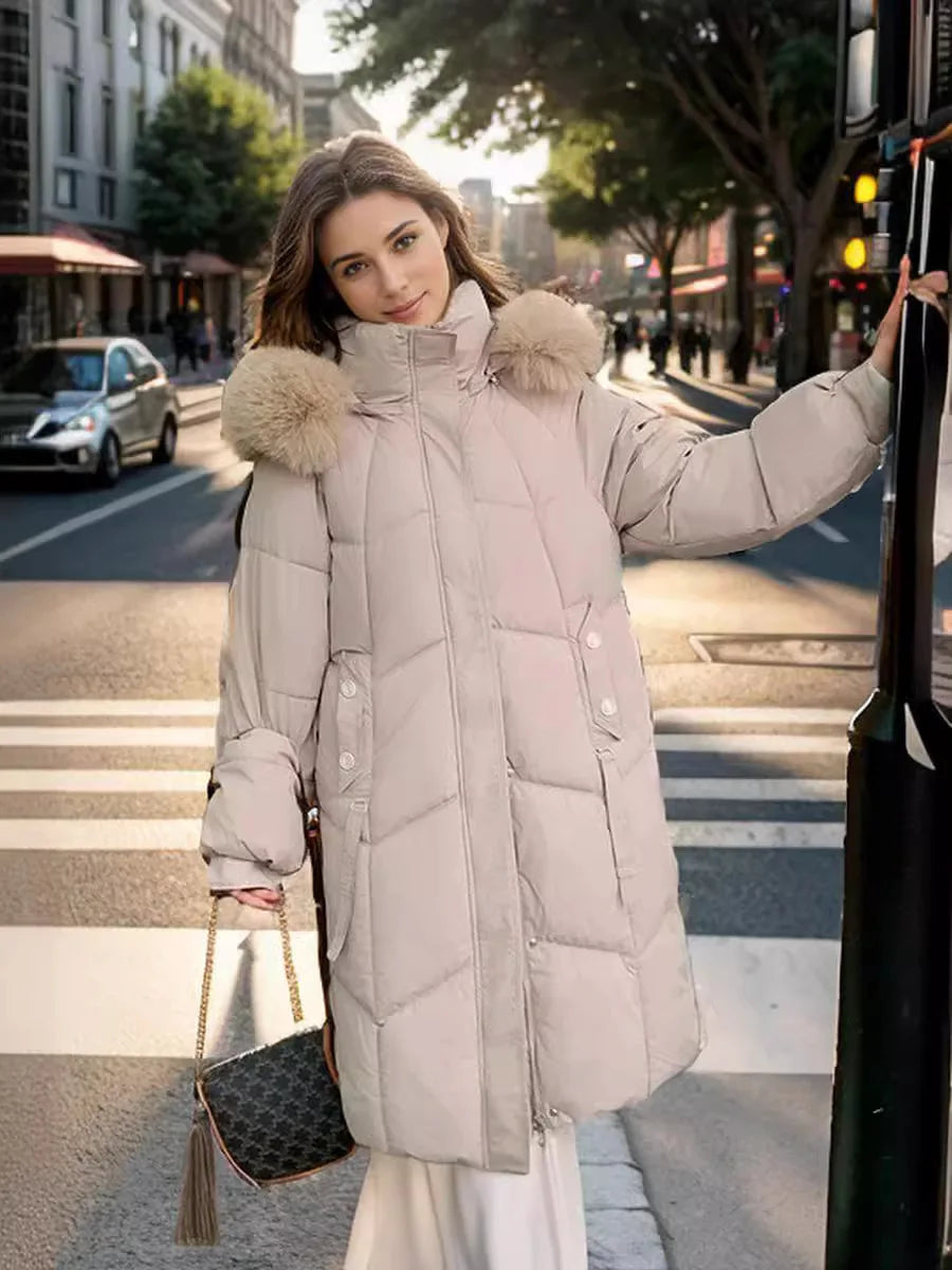 YJKDYK 2024 Winter Women's Jacket Female Fur Collar Warm Long Parkas Coats Women's High Collar Thicken Warm Cotton Jacket