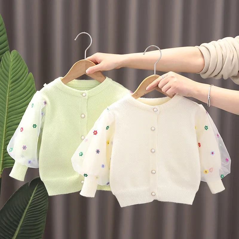 Spring Autumn Baby Girl Sweater Cardigan Cotton Round Collar Tulle Lantern Sleeve Kid Girl Coat Star Newborn Girl Knitwear Coats