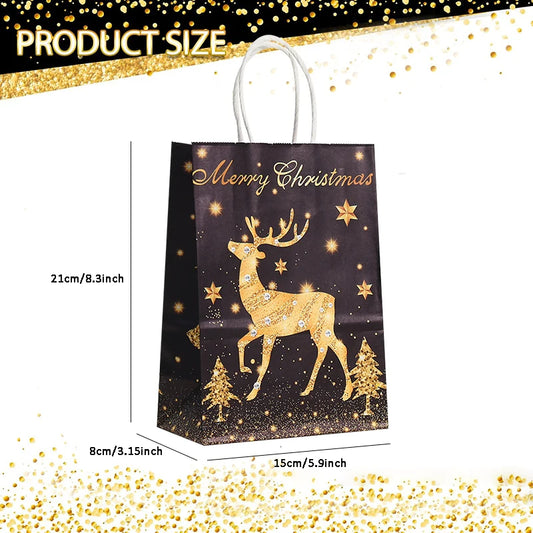 12/24pcs Gold Black Kraft Gift Bags with Handle Elk Snowflake Christmas Tree Bronzing Paper Bag Merry Christmas Party Favors Bag