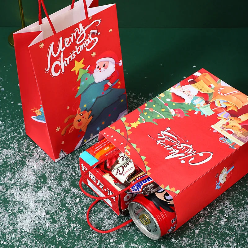 Bulbusbow Christmas Kraft Paper Bags 2024 New Year Cute Santa Claus Gift Box Holiday Party Children Candy Cookie Packaging Bag with Handle