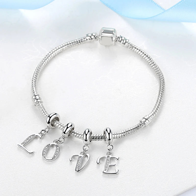 925 Sterling Silver Charm Bead Vintage Alphabet A-Z Letter Pendant Charms Fit Pandora Bracelets Necklaces Women DIY Jewelry