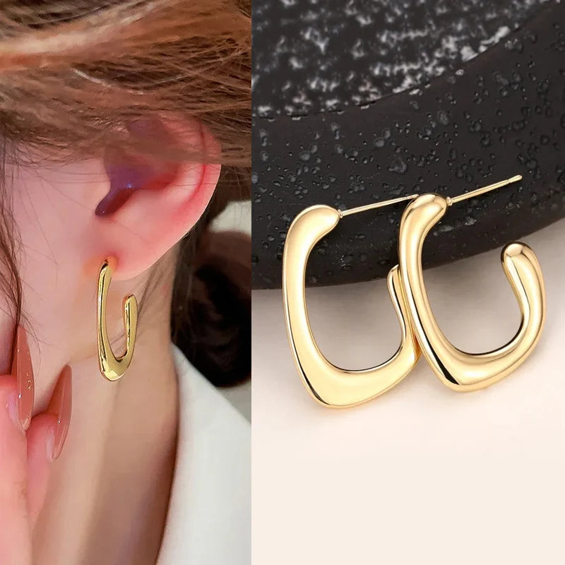 Bulbusbow Huitan Geometric Metal Hoop Earrings for Women in Gold and Silver Color