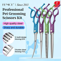 Fenice 6.5 inch Professional Pet Grooming Cutting Curved Thinning Chunker Scissors Shears Set Kit for Groomer Household Use