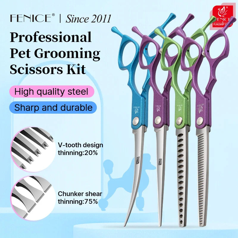 Fenice 6.5 inch Professional Pet Grooming Cutting Curved Thinning Chunker Scissors Shears Set Kit for Groomer Household Use