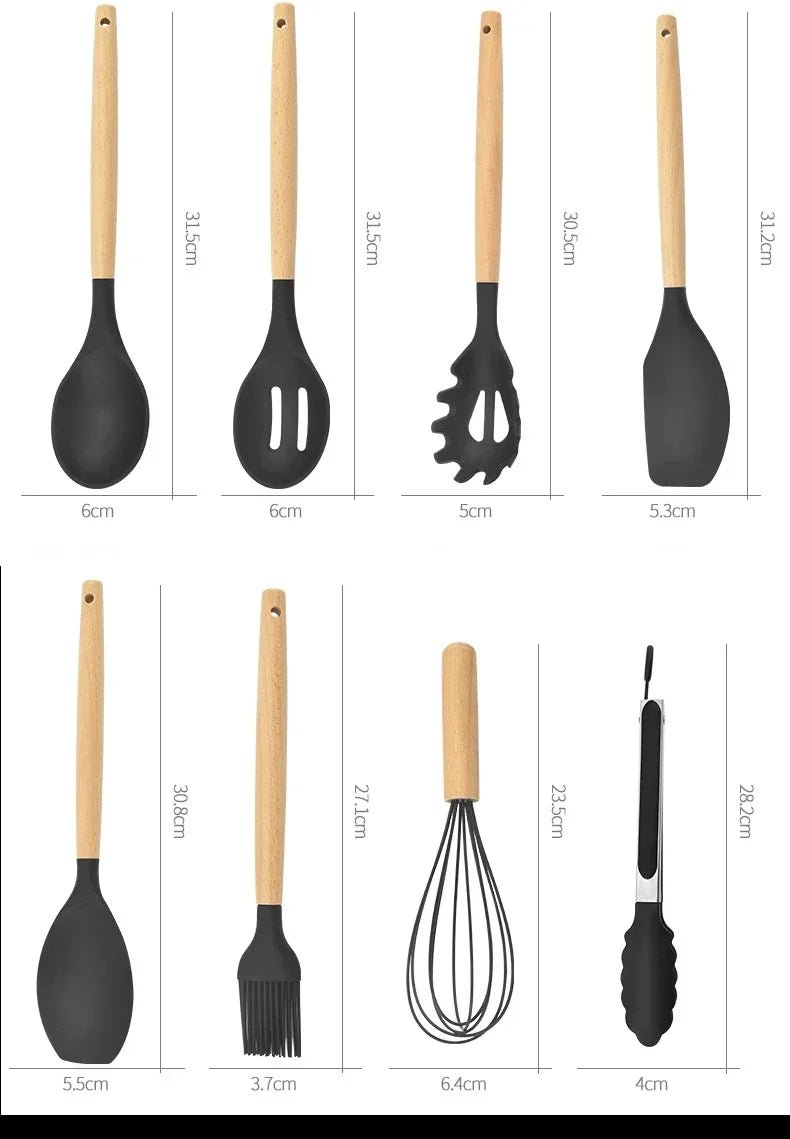 Silicone Cookware Nonstick Cookware Kitchen Utensils Set Spatula Spatula Egg Beaters Wooden Handle Cooking Tools Set