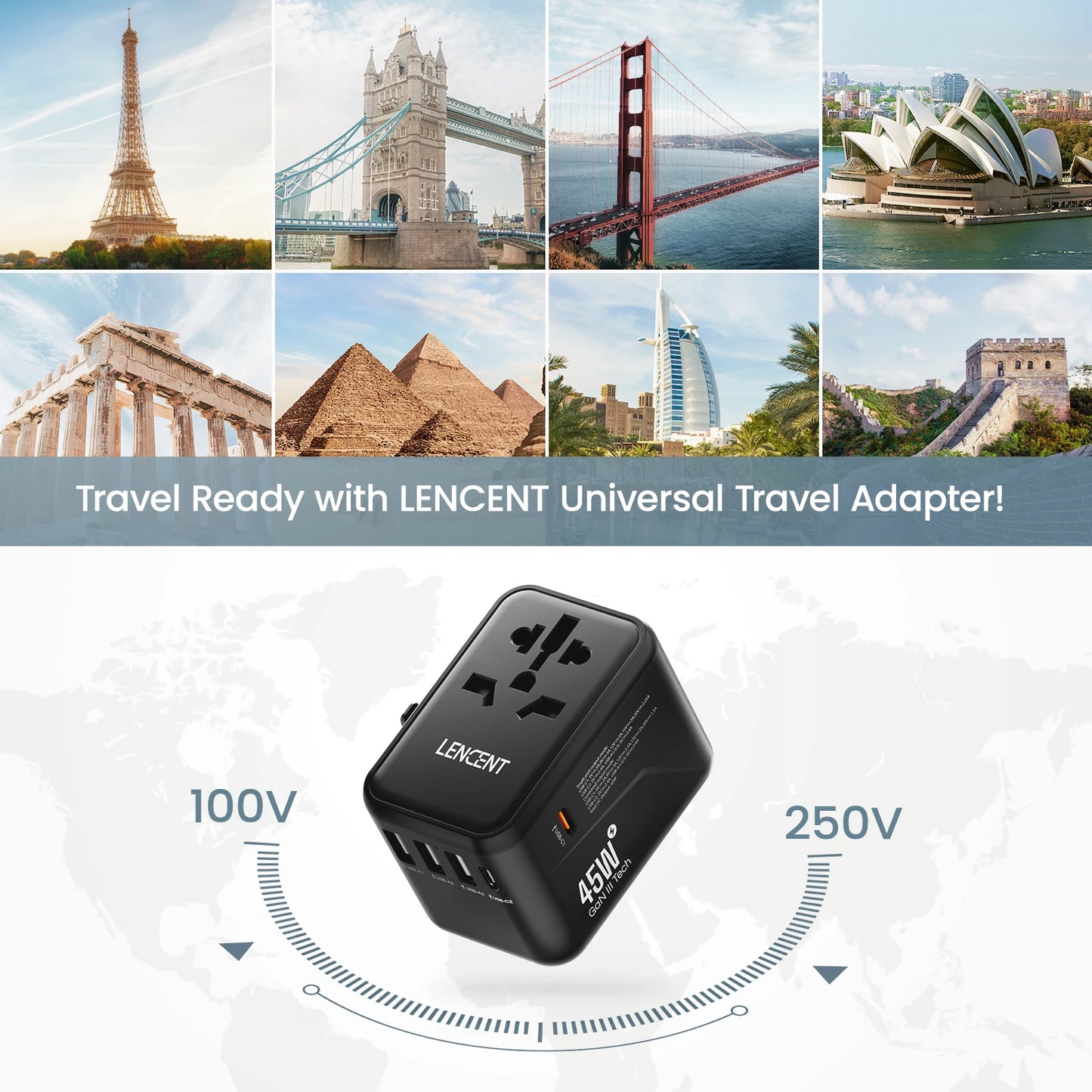 LENCENT 65W GaN 通用旅行适配器，带 2 个 USB 端口 3 型 C 快速充电电源适配器欧盟/英国/美国/澳大利亚插头，适合旅行