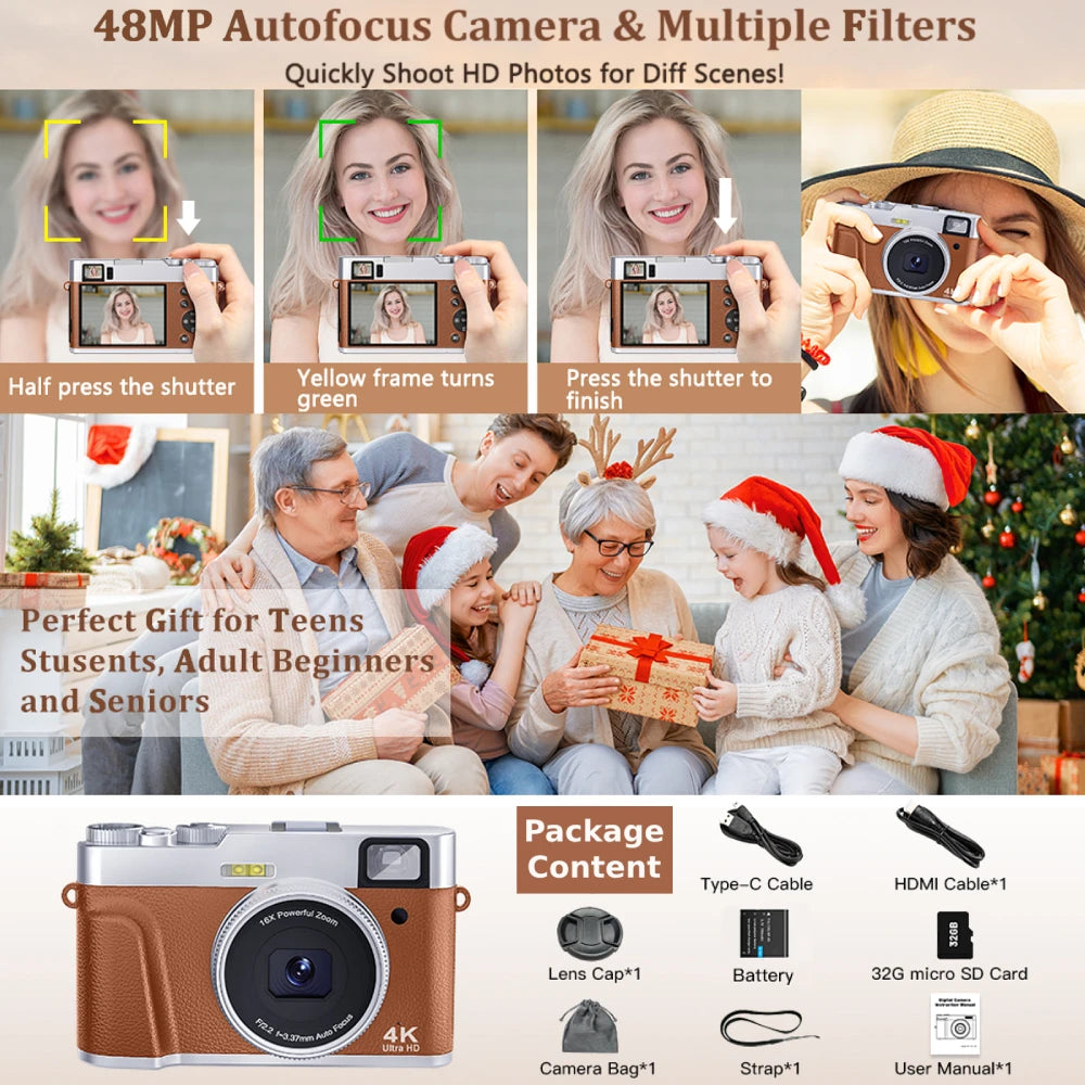 Bulbusbow 4K Digital Camera Auto Focus 48MP Vlogging Camera for YouTube and Anti-Shake Video Camera with Viewfinder Flash & Dial (Brown)