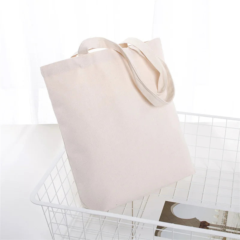 Large Capacity Canvas Shoulder Handbag Folding Eco-Friendly Cotton Tote Bags Reusable DIY Shoulder Bag Grocery Bag Beige White