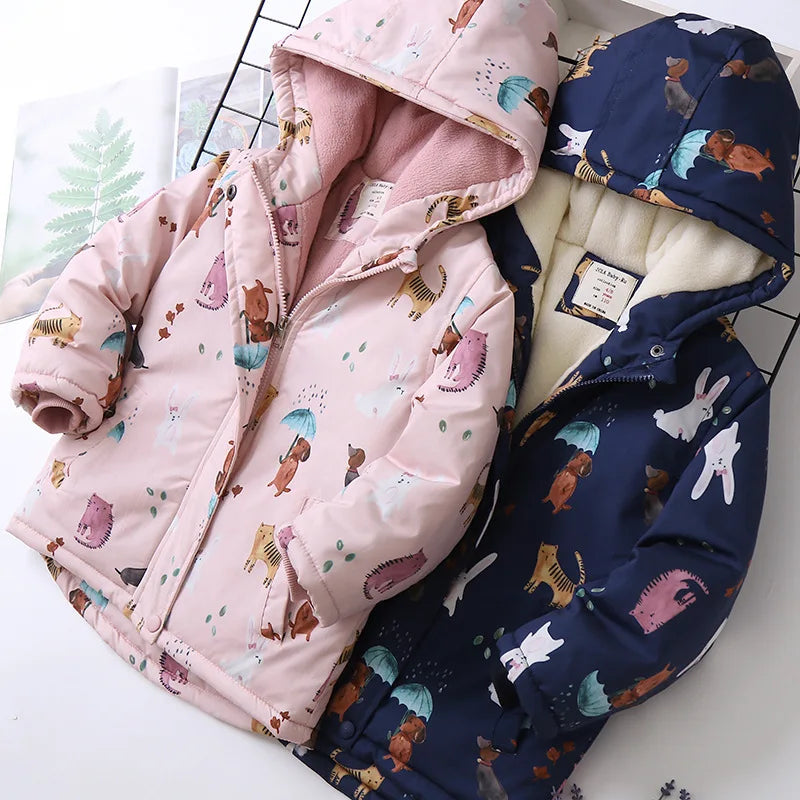 Autumn Winter Girl Jacket Coat Cartoon Printed Waterproof Plus Velvet Warm Girl Outerwear 4-14 Year Kids Teenage Girl Parka