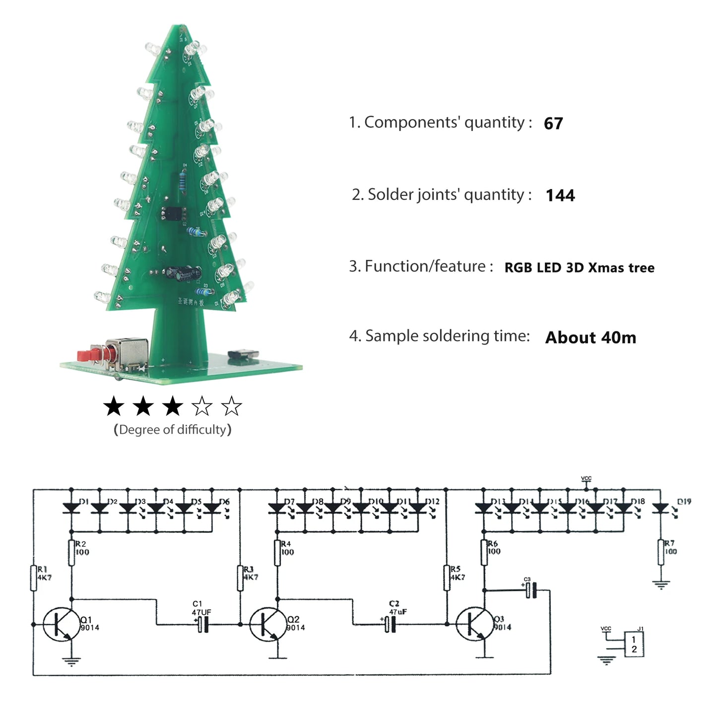 DIY Electronics Kit 3D Christmas Tree Soldering Practice Electronic Science Assembly Kit 3 Color/7 Color Flashing LED PCB