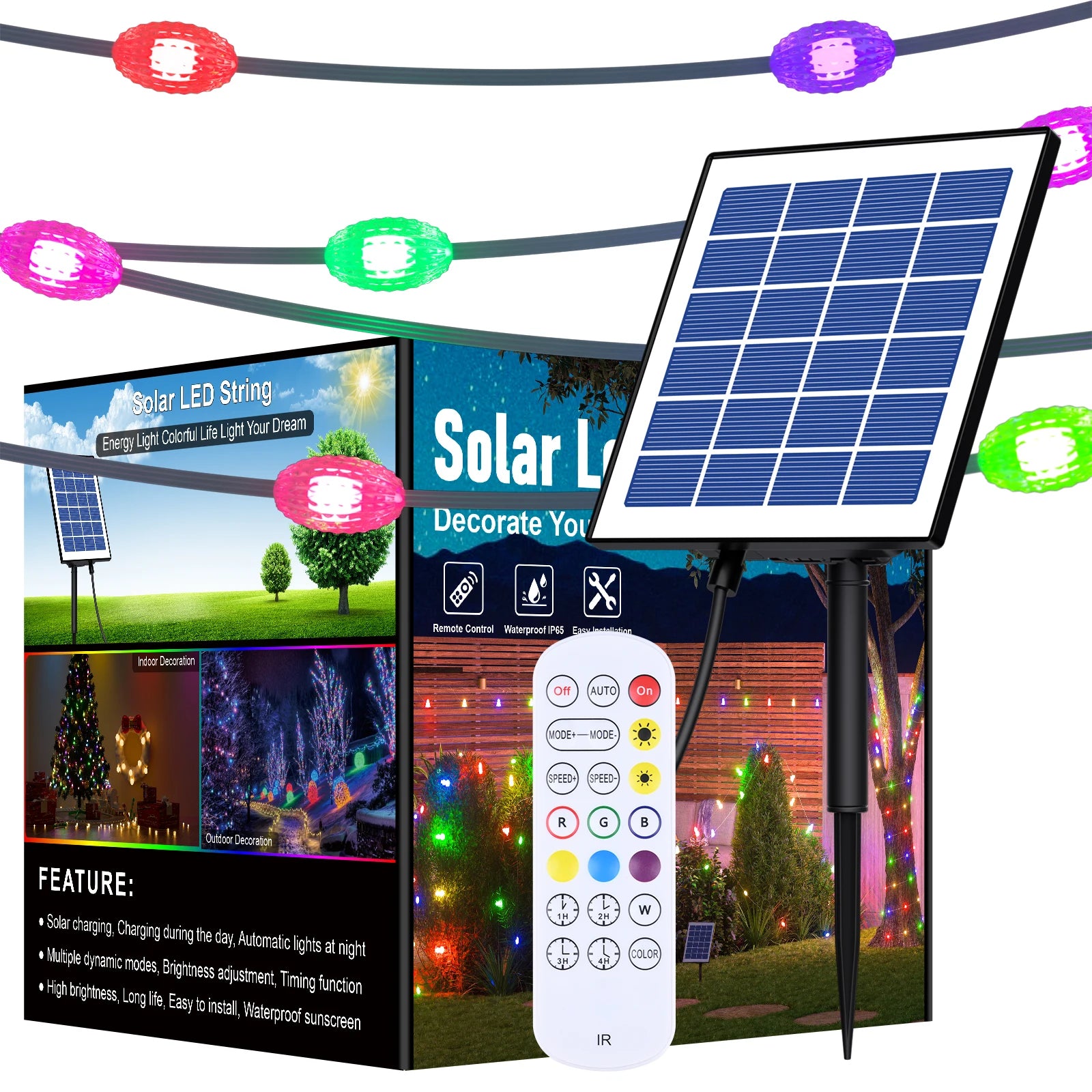 20 meter solar Christmas light string with warm white/illusory light remote control, rechargeable garden Christmas decoration.