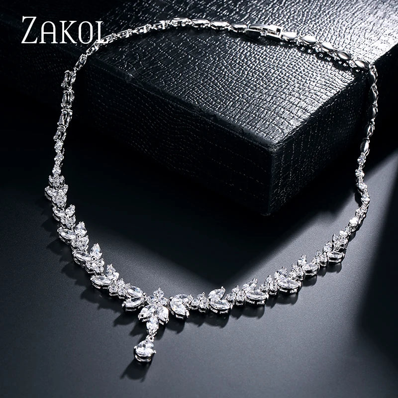 ZAKOL Luxury Brilliant Zirconia Leaf Necklace Earrings Rings Bracelets Set for Women CZ Drop Bridal Wedding Jewelry Sets