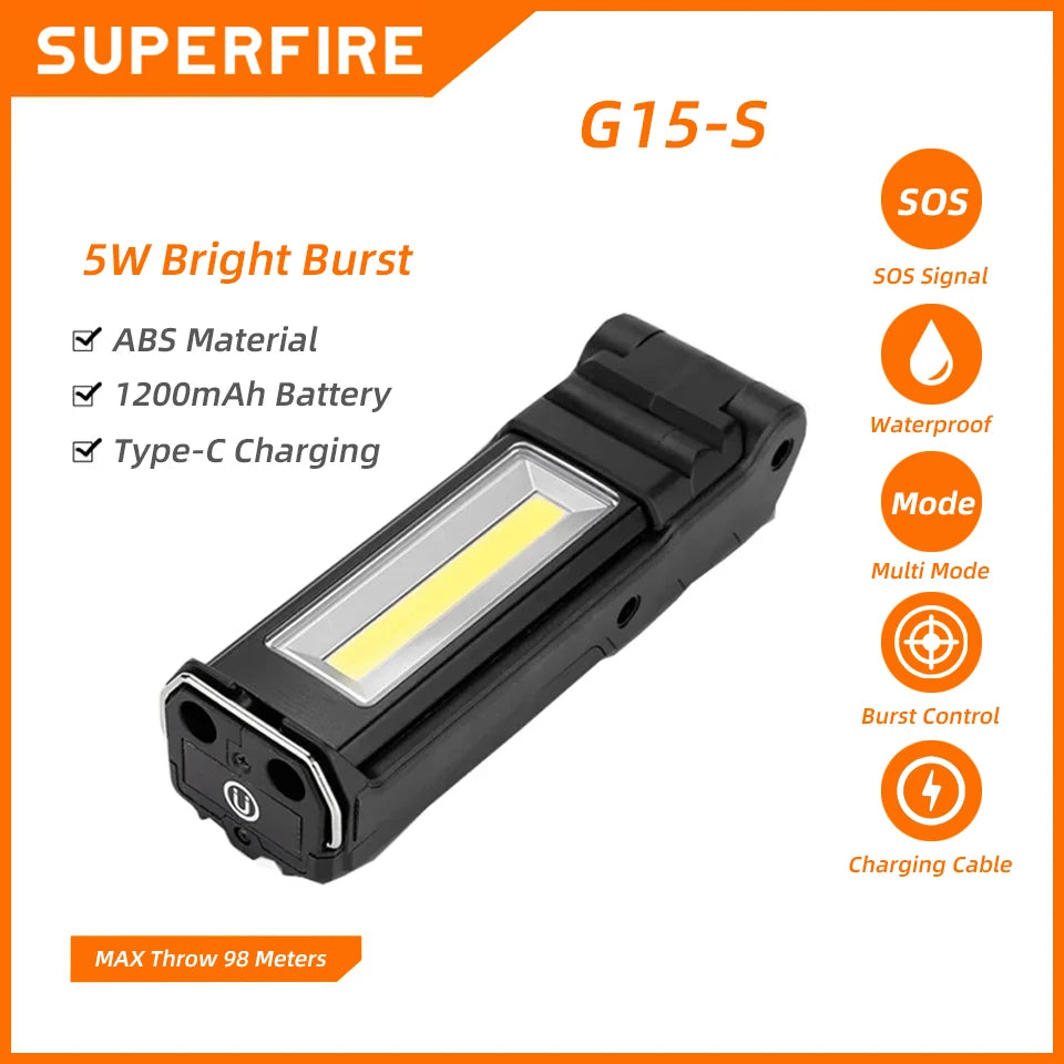 SUPERFIRE G15/S LED 手电筒 + COB 工作灯 带磁性 USB 可充电内置电池套装 多功能折叠手电筒