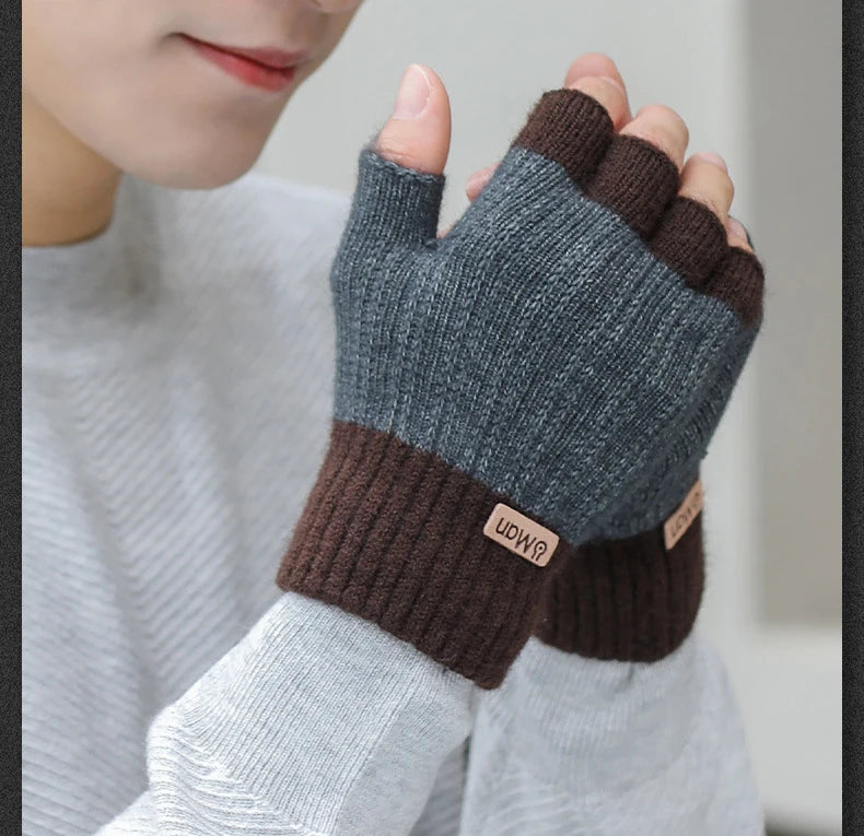 Men Winter Fingerless Half Finger Knitted Gloves Office Knitted Warm Exposed Finger Thick Gloves Elastic Driving Gloves