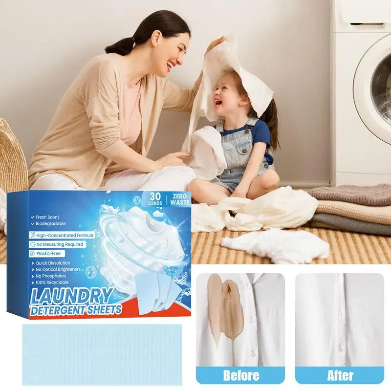 Eco-Friendly Laundry Sheets Laundry Detergent Power Tablet Natural Laundry Tablets Eco Friendly 30pcs Safe For Sensitive Skin