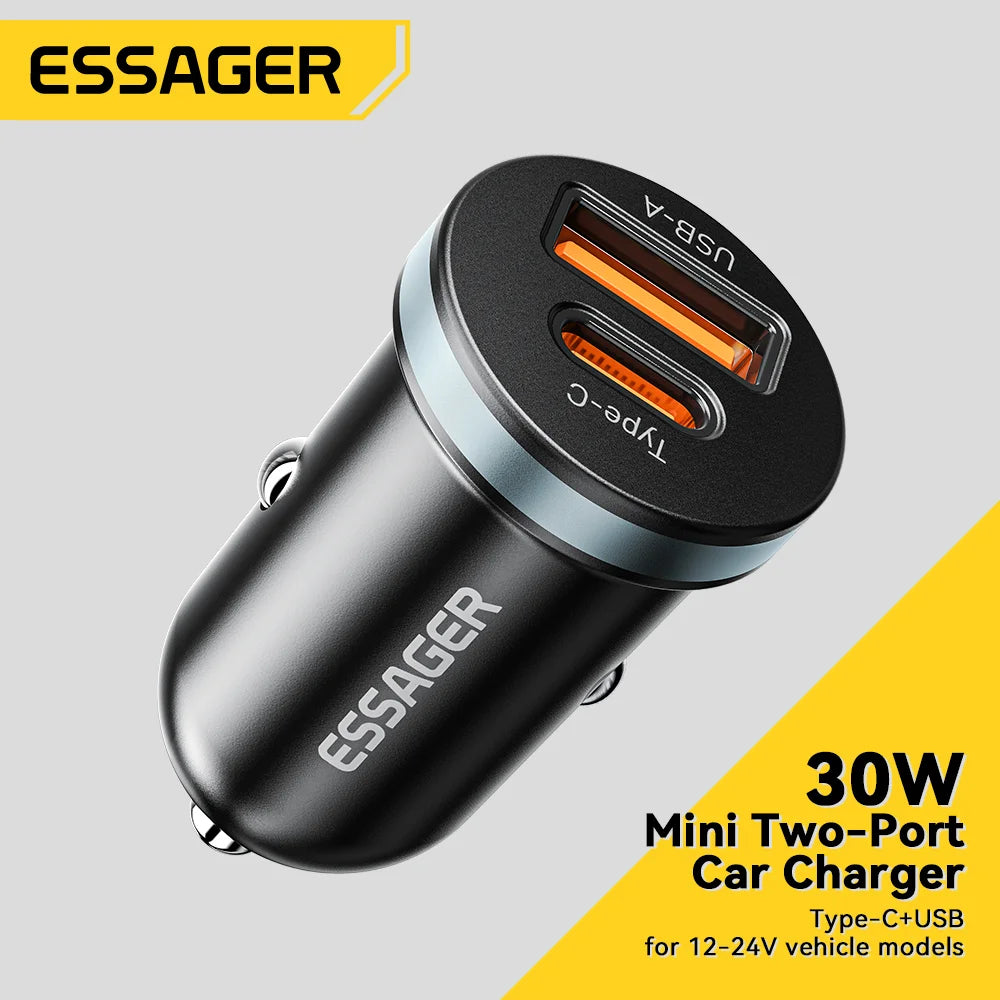 شاحن سيارة Essager 30 وات USB C شاحن سريع من النوع C PD QC 3.0 SCP 5A شحن سريع لشحن الهاتف في السيارة لهاتف iPhone وXiaomi وSamsung