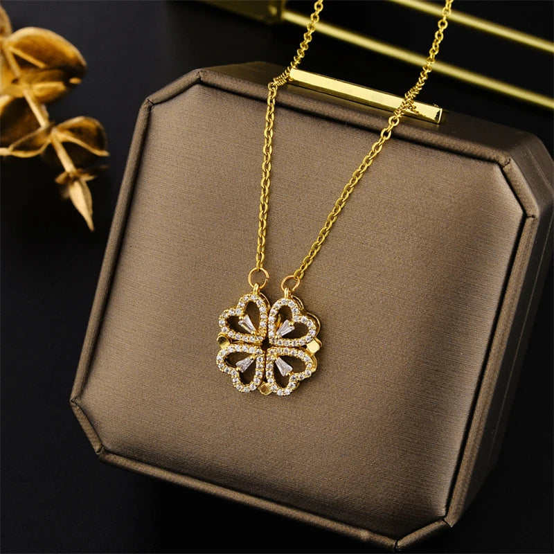 New Fashion Double Wear Magnet Four Heart Flower Pendant Necklace For Women Sweet Sexy Female Stainless Steel Neck Chain Jewelry