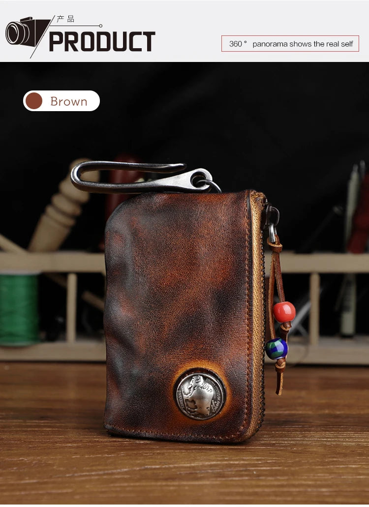 Vintage Cow Leather Coin Purse for Men Handmade Genuine Leather Change Pouch Key Holder Card Slot Storage Bag with Zipper