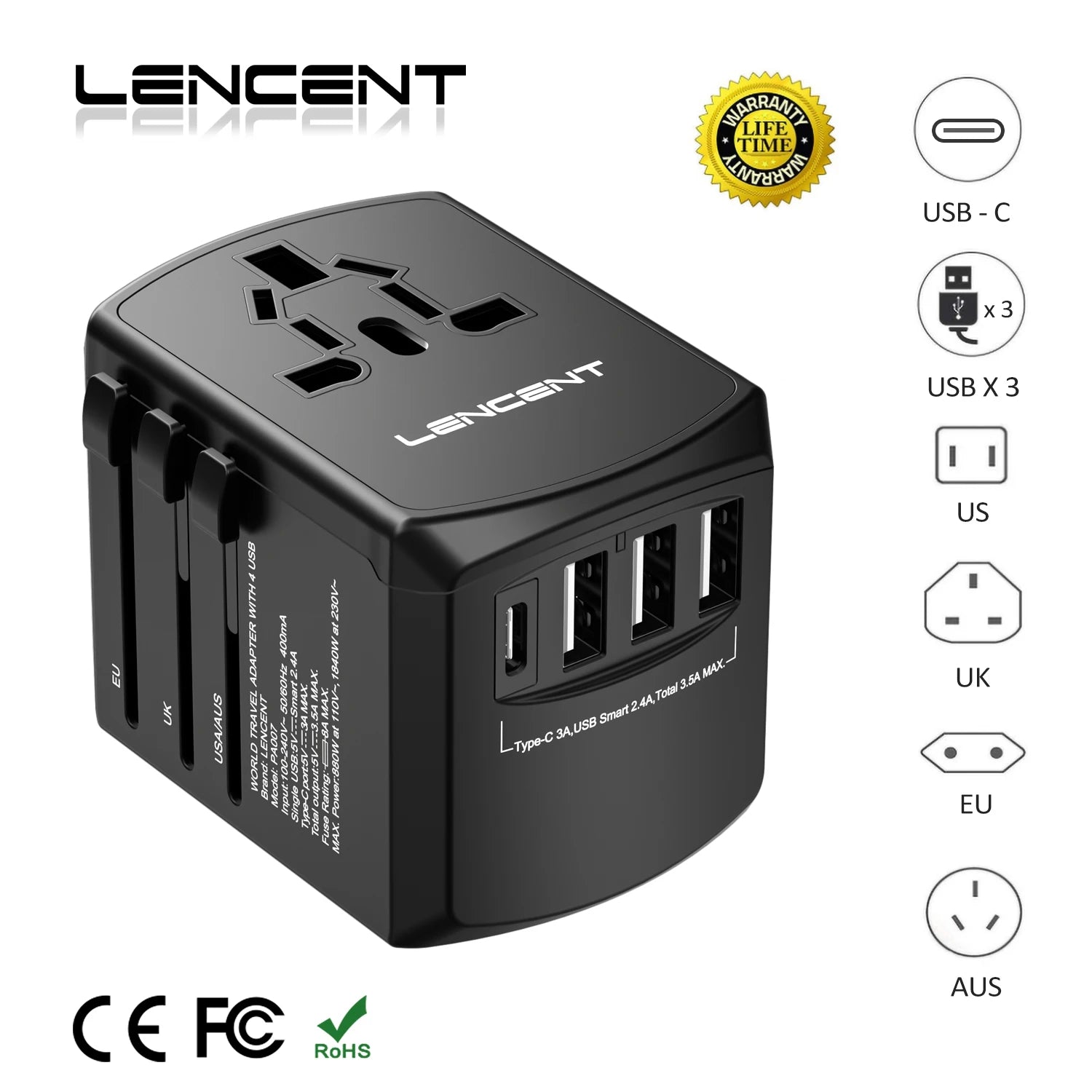 LENCENT Universal Travel Adapter All-in-one Travel Charger with 3 USB Ports and 1 Type C Wall Charger for US EU UK AUS Travel