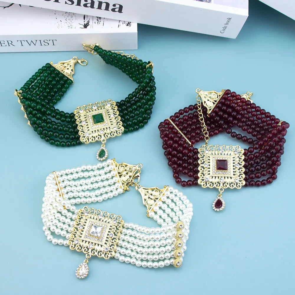 Sunspicems Moroccan Jewelry Women Beads Choker Necklace Algeria Bride Wedding Jewelry Arabic Square Pendant Hand Beaded Chain