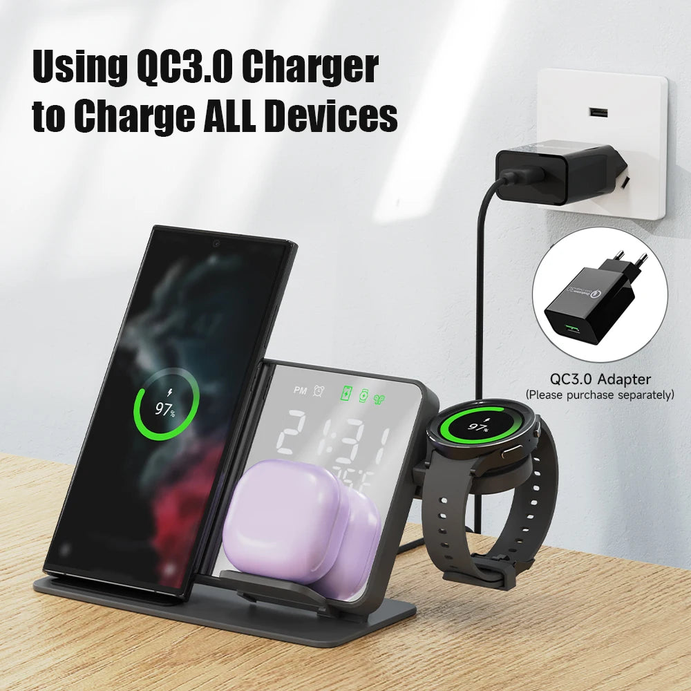 4 in 1 Wireless Charger for Samsung Galaxy S24 S23 Ultra Fast Charging Dock Station for Galaxy Watch 6 / 5 Buds LED Alarm Clock