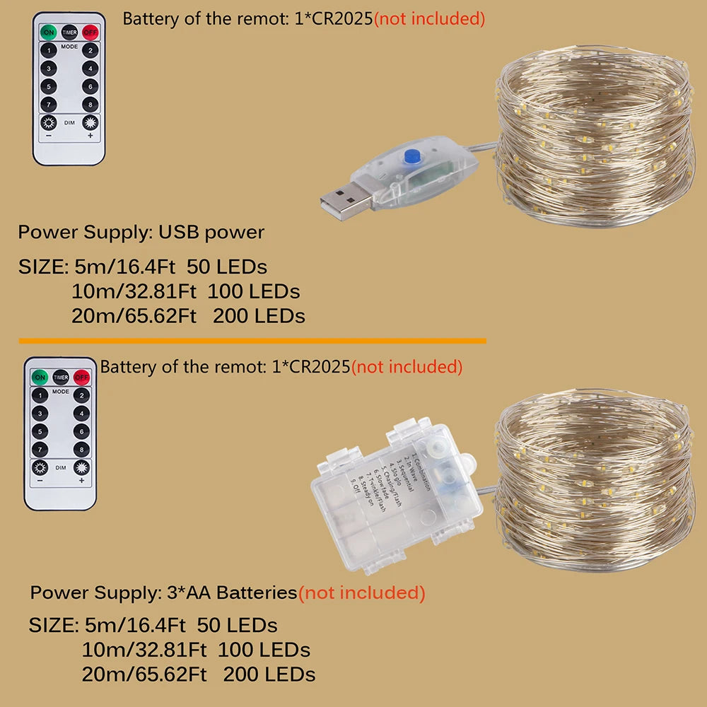 10 متر/20 متر LED USB/بطارية أضواء خرافية نحاسية إكليل عيد الميلاد مع جهاز تحكم عن بعد مصباح سلسلة لحفلات الزفاف والتخييم والمنزل