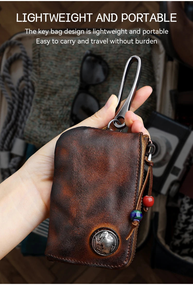 Vintage Cow Leather Coin Purse for Men Handmade Genuine Leather Change Pouch Key Holder Card Slot Storage Bag with Zipper